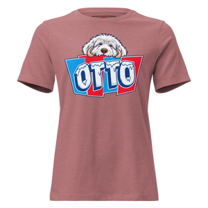 Heather Mauve women's relaxed t-shirt with Otto's frost-white face over an icy blue and red OTTO sign