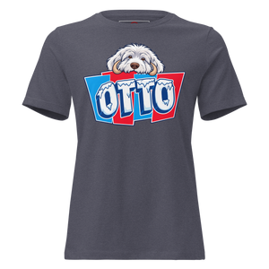 Heather Navy women's relaxed t-shirt with Otto's frost-white face over an icy blue and red OTTO sign