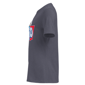 Heather Navy women's relaxed t-shirt, left side view, edge of the front print