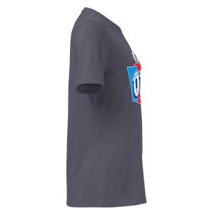 Heather Navy women's relaxed t-shirt, right side view, edge of the front print