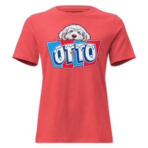 Heather Red women's relaxed t-shirt with Otto's frost-white face over an icy blue and red OTTO sign