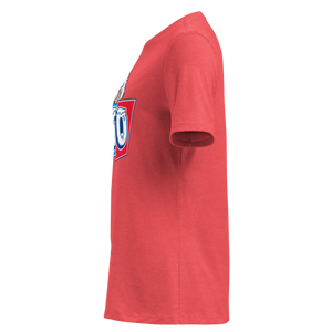 Heather Red women's relaxed t-shirt, left side view, edge of the front print