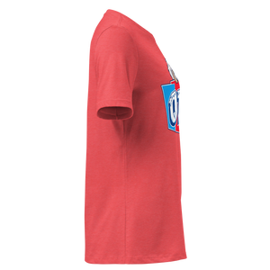 Heather Red women's relaxed t-shirt, right side view, edge of the front print