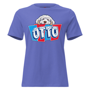 Heather True Royal women's relaxed t-shirt with Otto's frost-white face over an icy blue and red OTTO sign