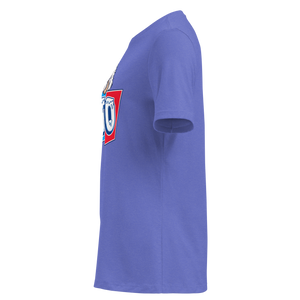 Heather True Royal women's relaxed t-shirt, left side view, edge of the front print