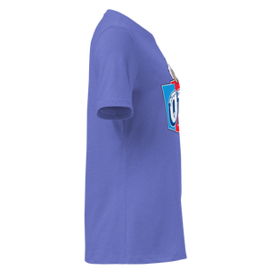Heather True Royal women's relaxed t-shirt, right side view, edge of the front print