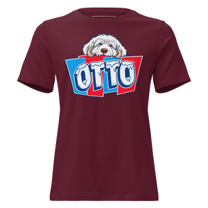 Maroon women's relaxed t-shirt with Otto's frost-white face over an icy blue and red OTTO sign