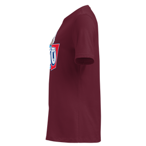 Maroon women's relaxed t-shirt, left side view, edge of the front print