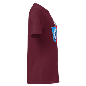 Maroon women's relaxed t-shirt, right side view, edge of the front print
