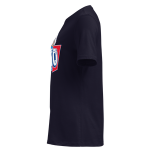 Navy women's relaxed t-shirt, left side view, edge of the front print
