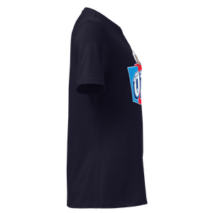Navy women's relaxed t-shirt, right side view, edge of the front print