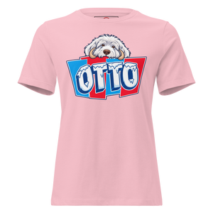 Pink women's relaxed t-shirt with Otto's frost-white face over an icy blue and red OTTO sign