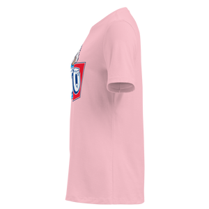 Pink women's relaxed t-shirt, left side view, edge of the front print