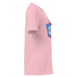 Pink women's relaxed t-shirt, right side view, edge of the front print