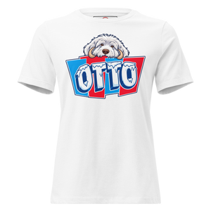 White women's relaxed t-shirt with Otto's frost-white face over an icy blue and red OTTO sign