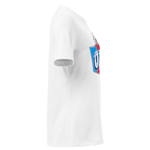 White women's relaxed t-shirt, right side view, edge of the front print