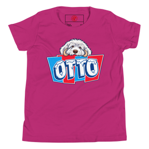 Berry youth t-shirt with Otto's shaggy face over icy OTTO letters