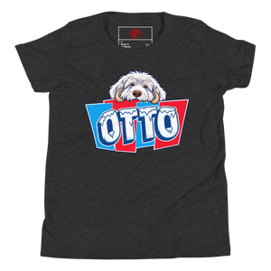 Dark Grey Heather youth t-shirt with Otto's shaggy face over icy OTTO letters