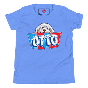 Heather Columbia Blue youth t-shirt with Otto's shaggy face over icy OTTO letters