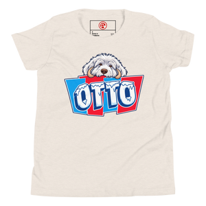 Heather Dust youth t-shirt with Otto's shaggy face over icy OTTO letters