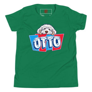 Kelly youth t-shirt with Otto's shaggy face over icy OTTO letters