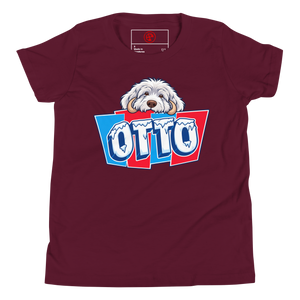 Maroon youth t-shirt with Otto's shaggy face over icy OTTO letters