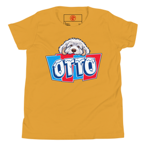 Mustard youth t-shirt with Otto's shaggy face over icy OTTO letters