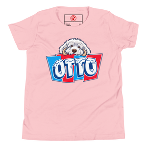 Pink youth t-shirt with Otto's shaggy face over icy OTTO letters