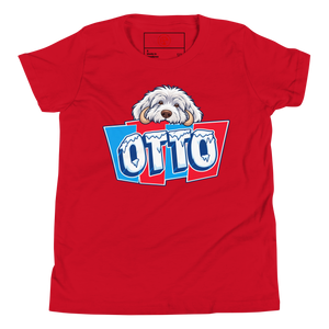 Red youth t-shirt with Otto's shaggy face over icy OTTO letters