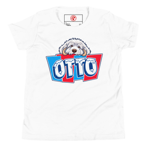 White youth t-shirt with Otto's shaggy face over icy OTTO letters